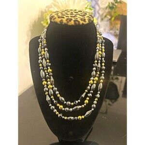 Monet Layered Multi-Strand Black Glass Beaded Necklace Gold Silver